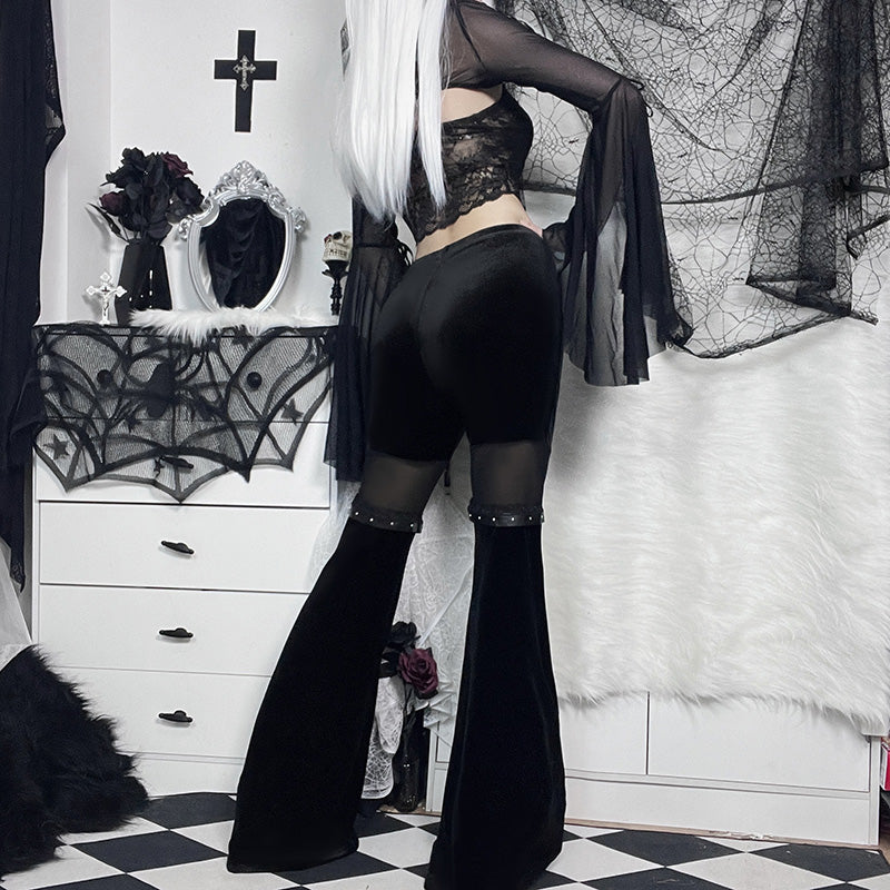 Dark Mesh Spliced Flared Pants Slim Fit and Slimming High Waisted Casual Pants
