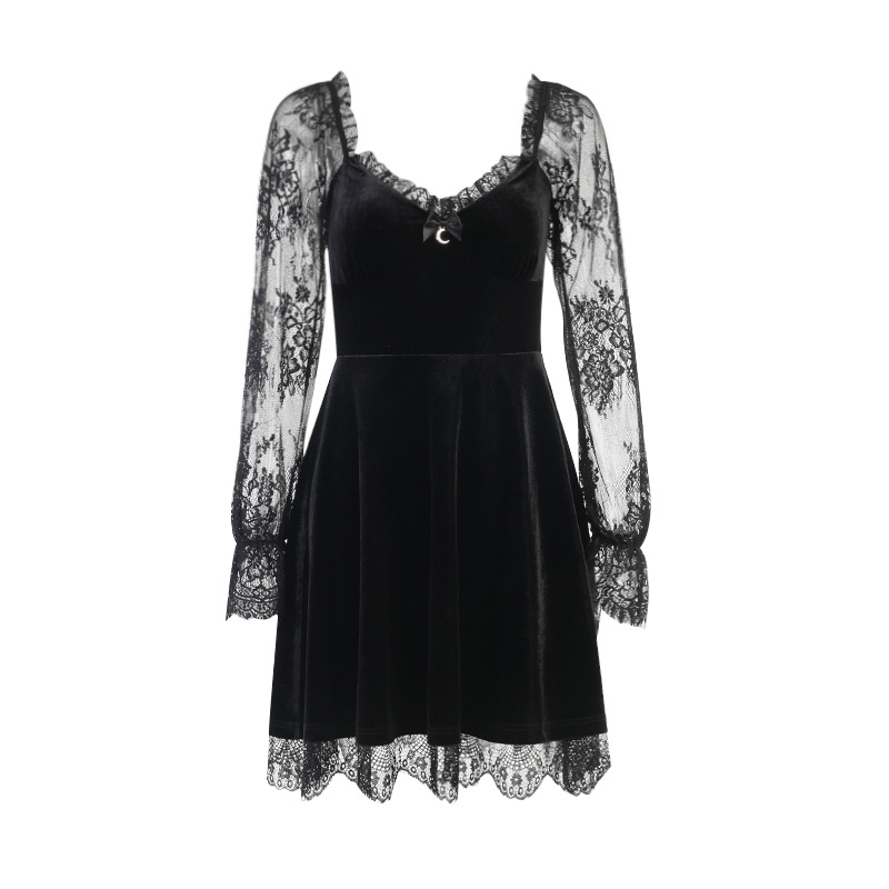 Dark Hip-Hop Lace Fashion Dress with Chest Highlighting Horn Long Sleeved Skirt