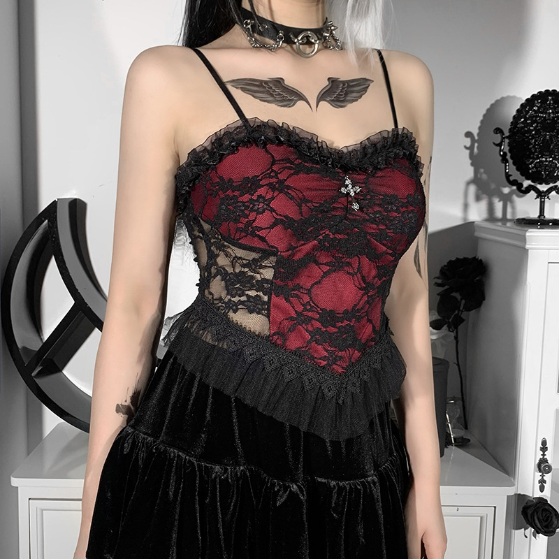 Dark Halloween Style Lace Tank Top Punk Navel Print Sexy Backless Streetwear Y2K Camisole