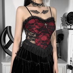 Dark Halloween Style Lace Tank Top Punk Navel Print Sexy Backless Streetwear Y2K Camisole