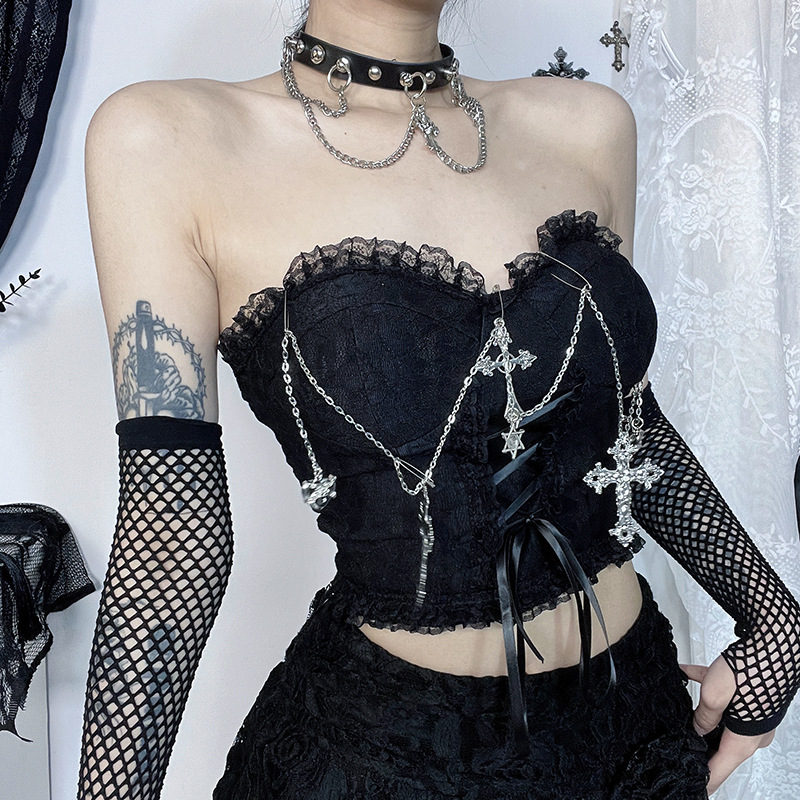 Dark Halloween Style Lace Tank Top Punk Navel Print Sexy Backless Streetwear Y2K Camisole