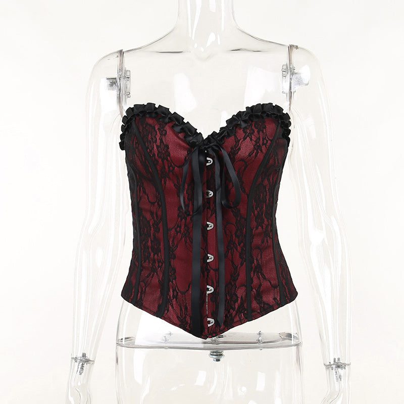 Dark Style Sexy Strapless Corset Top Slim Fit With Lace Waist Vest