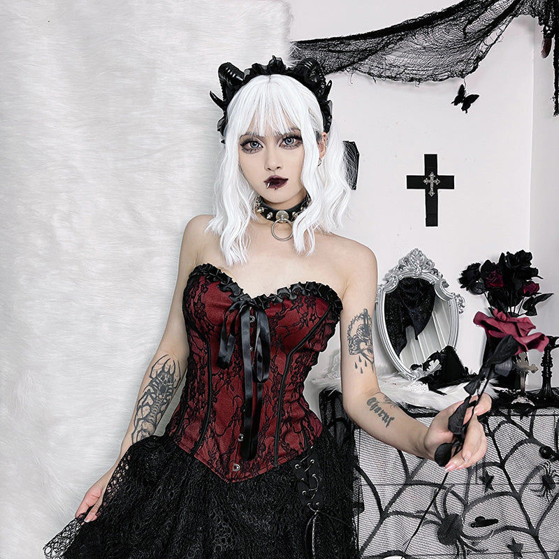 Dark Style Sexy Strapless Corset Top Slim Fit With Lace Waist Vest