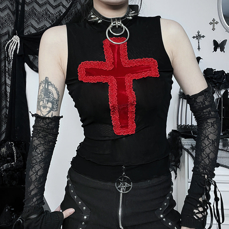 Vintage Cross Breathable Lace Tank Top Dark Style Gothic Sexy Slimming Punk Vest