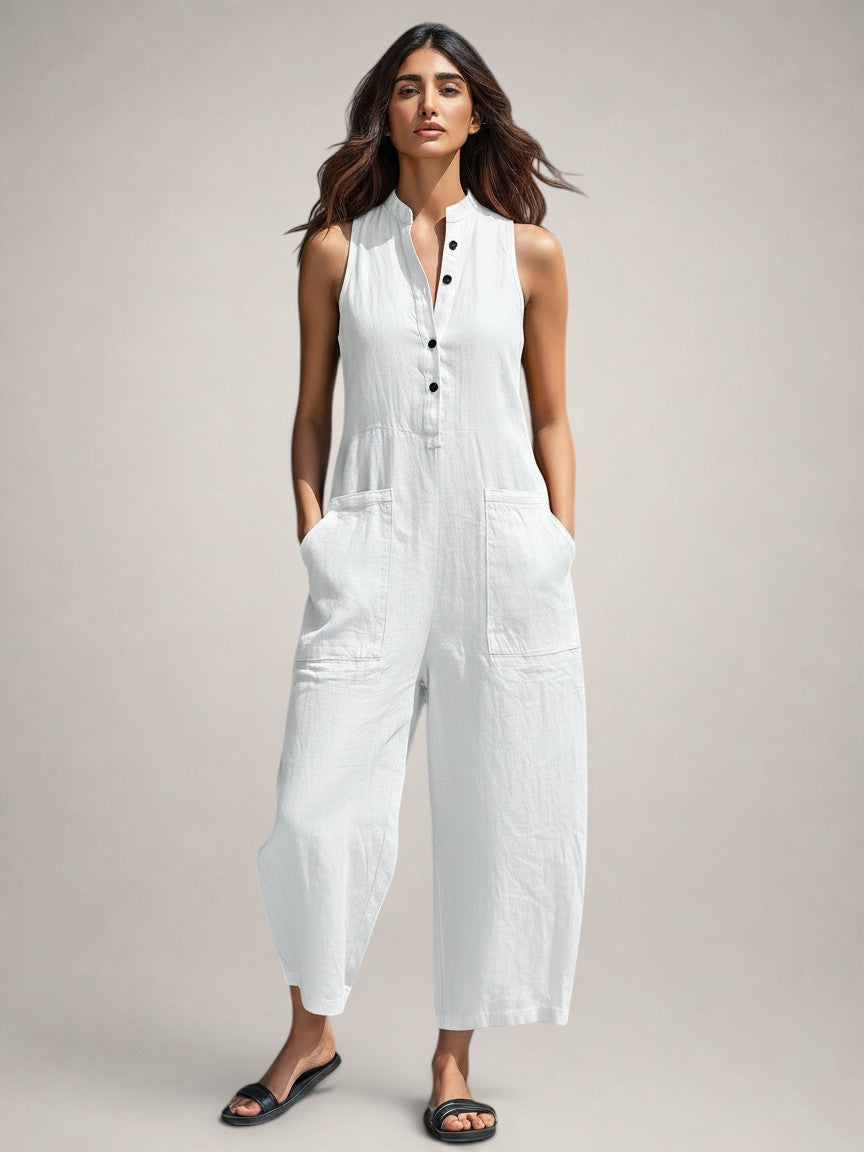 Frieda | Sleeveless Linen Jumpsuit with Stand-Up Collar
