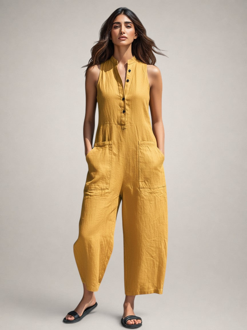Frieda | Sleeveless Linen Jumpsuit with Stand-Up Collar