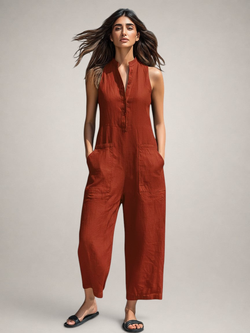 Frieda | Sleeveless Linen Jumpsuit with Stand-Up Collar