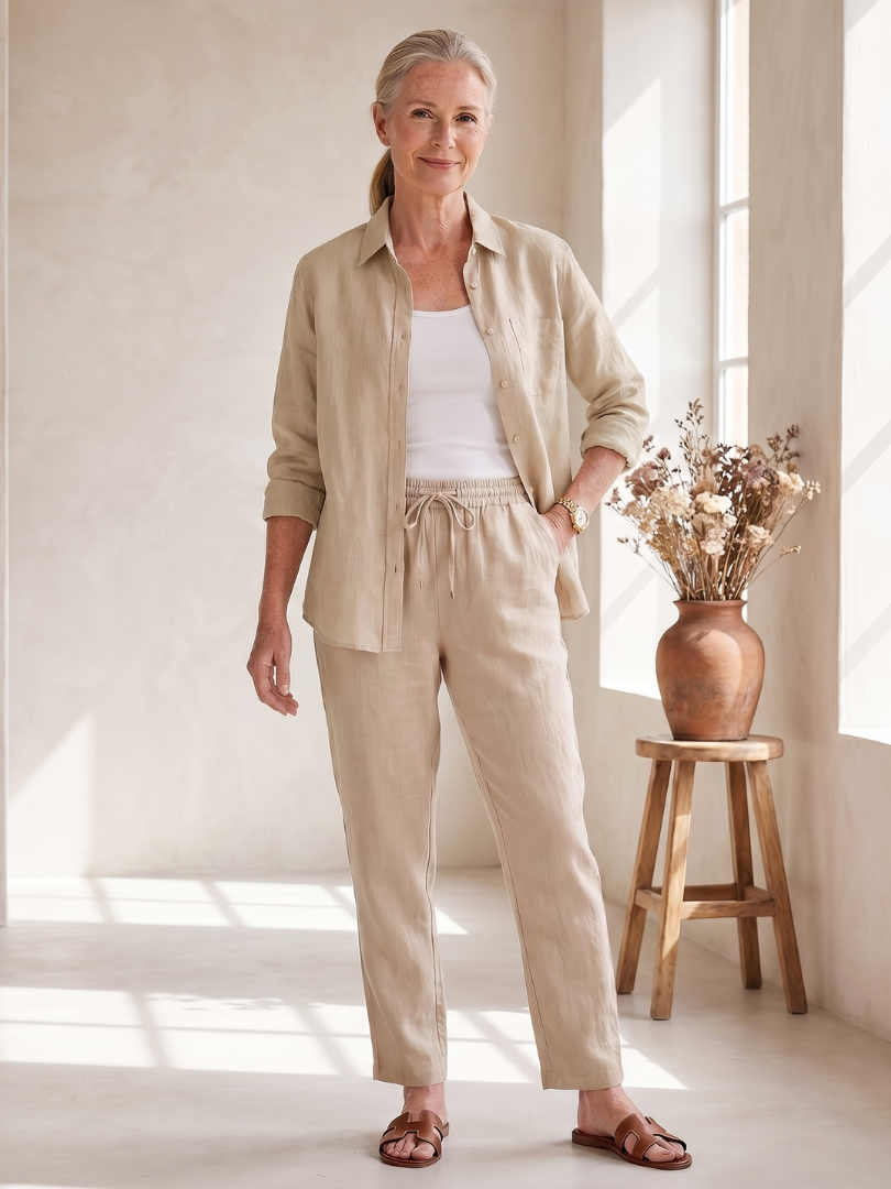 Heidi | Leinen-Set mit Hemd und schmaler Hose – Rosé – Ansicht 01
