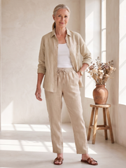 Heidi | Leinen-Set mit Hemd und schmaler Hose – Rosé – Ansicht 01