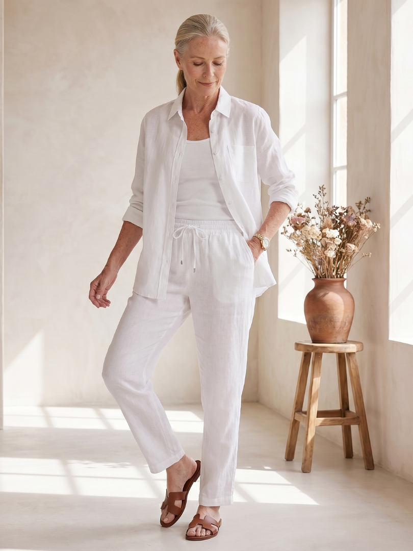 Heidi | Leinen-Set mit Hemd und schmaler Hose – Rosé – Ansicht 01