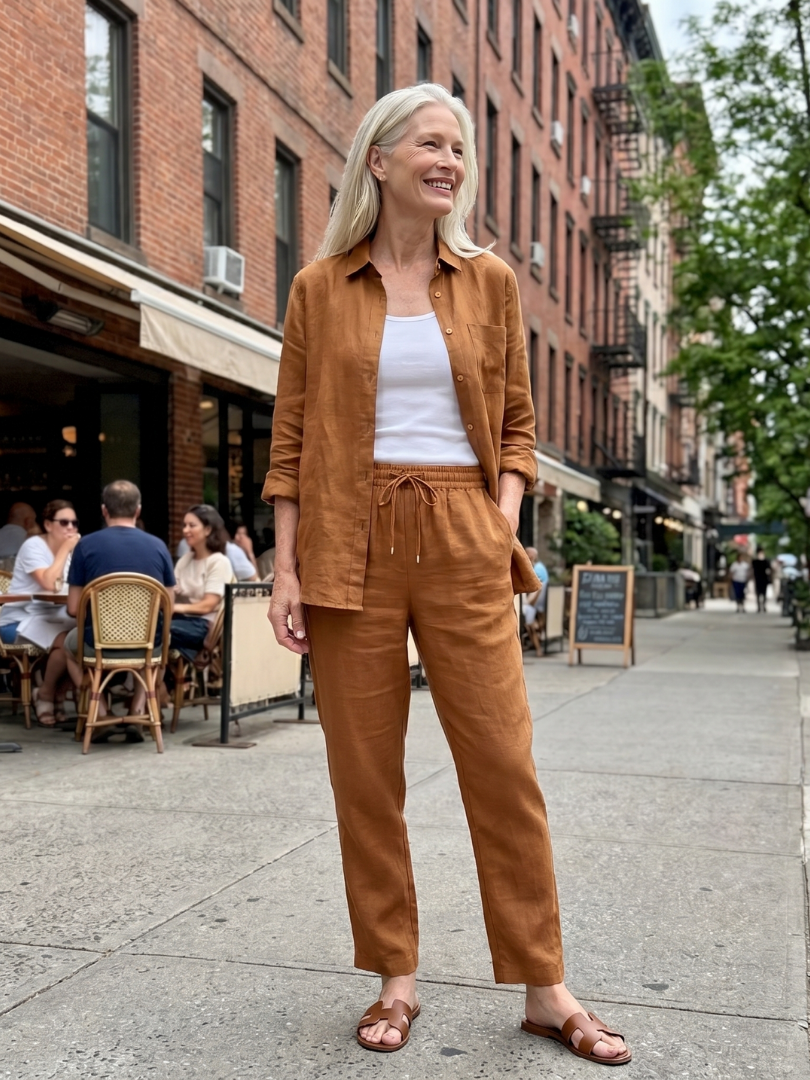 Heidi | Leinen-Set mit Hemd und schmaler Hose – Rosé – Ansicht 01
