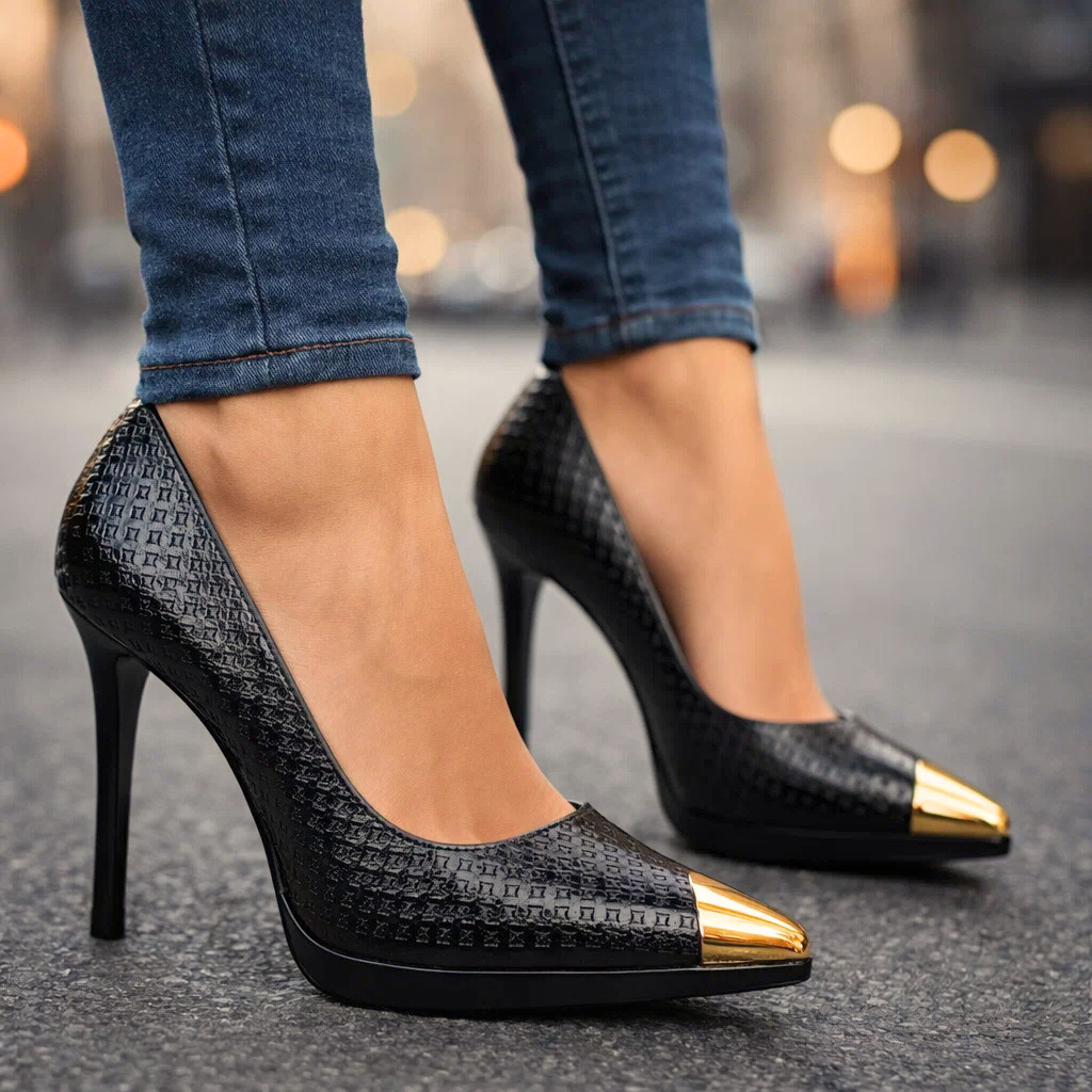 Hildegard | Spitze Stiletto-Pumps mit Goldmetallspitze – Ansicht 02