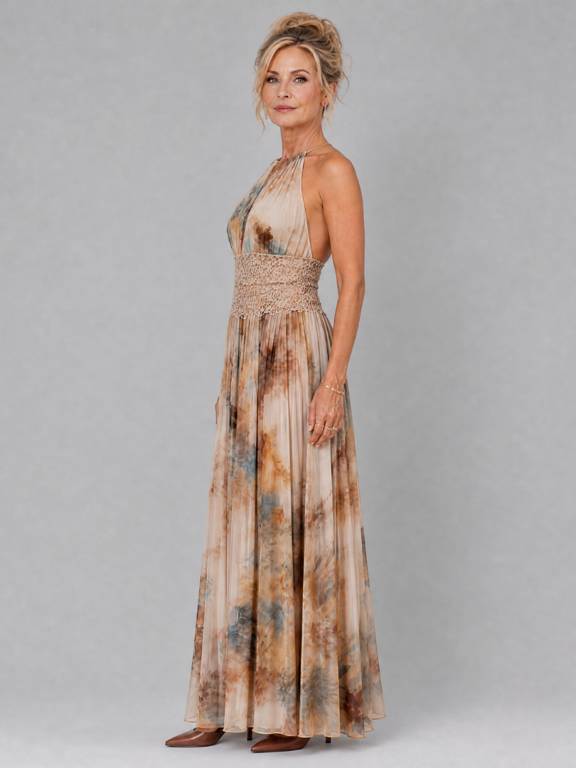 Hildegard Halsträger-Maxikleid mit Spitzentaille – Ansicht 01