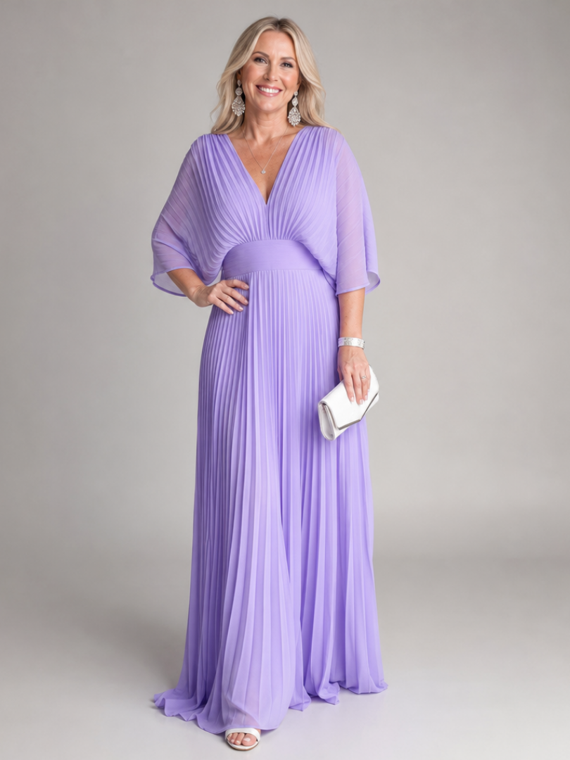 Ingrid | Plissee-Abendkleid mit V-Ausschnitt und langen Ärmeln – Ansicht 01