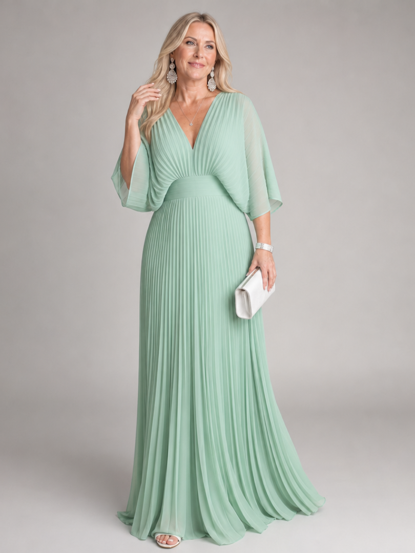 Ingrid | Plissee-Abendkleid mit V-Ausschnitt und langen Ärmeln – Ansicht 01