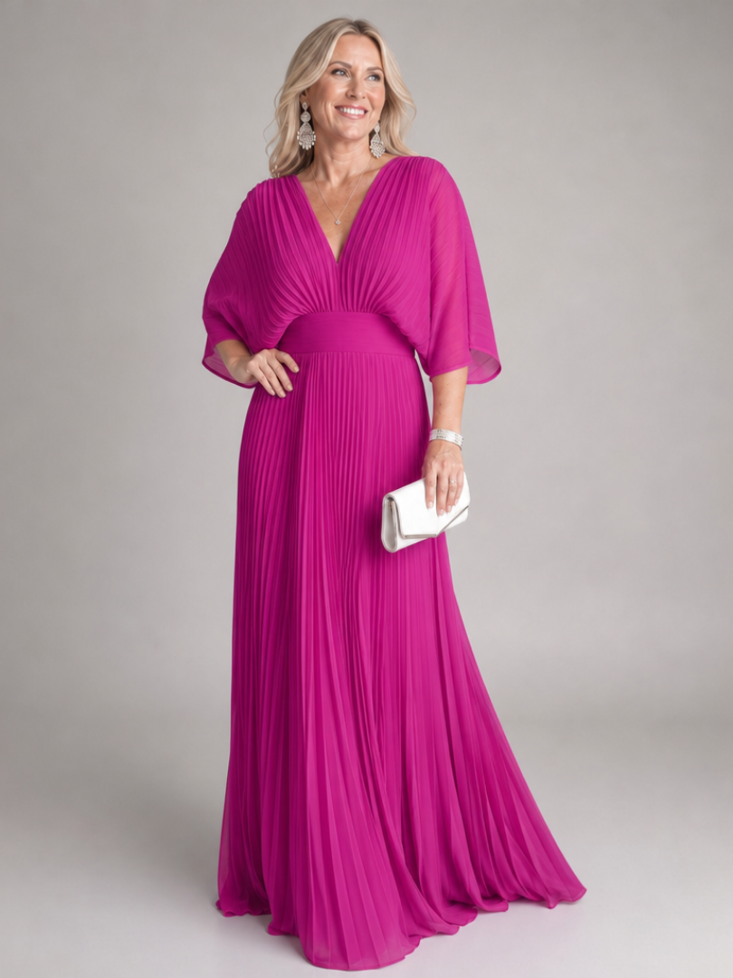Ingrid | Plissee-Abendkleid mit V-Ausschnitt und langen Ärmeln – Ansicht 01