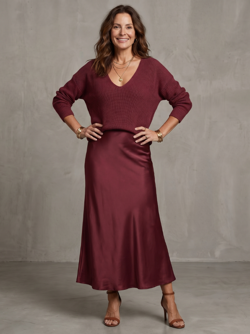 Juliane | Strick-Set mit Satin-Rock – Rosé – Ansicht 01