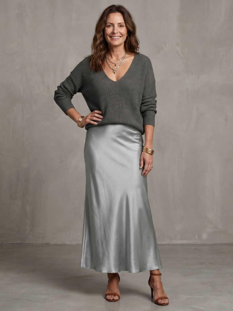 Juliane | Strick-Set mit Satin-Rock – Rosé – Ansicht 01