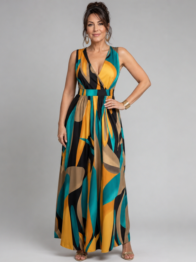 Sigrid | Maxikleid mit abstraktem Print – Ansicht 01