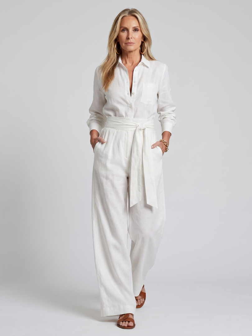 Ulrike | Langärmliger Jumpsuit mit Knopfleiste und Bindegürtel – Braun – Ansicht 01