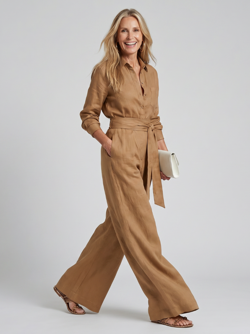 Ulrike | Langärmliger Jumpsuit mit Knopfleiste und Bindegürtel – Braun – Ansicht 01